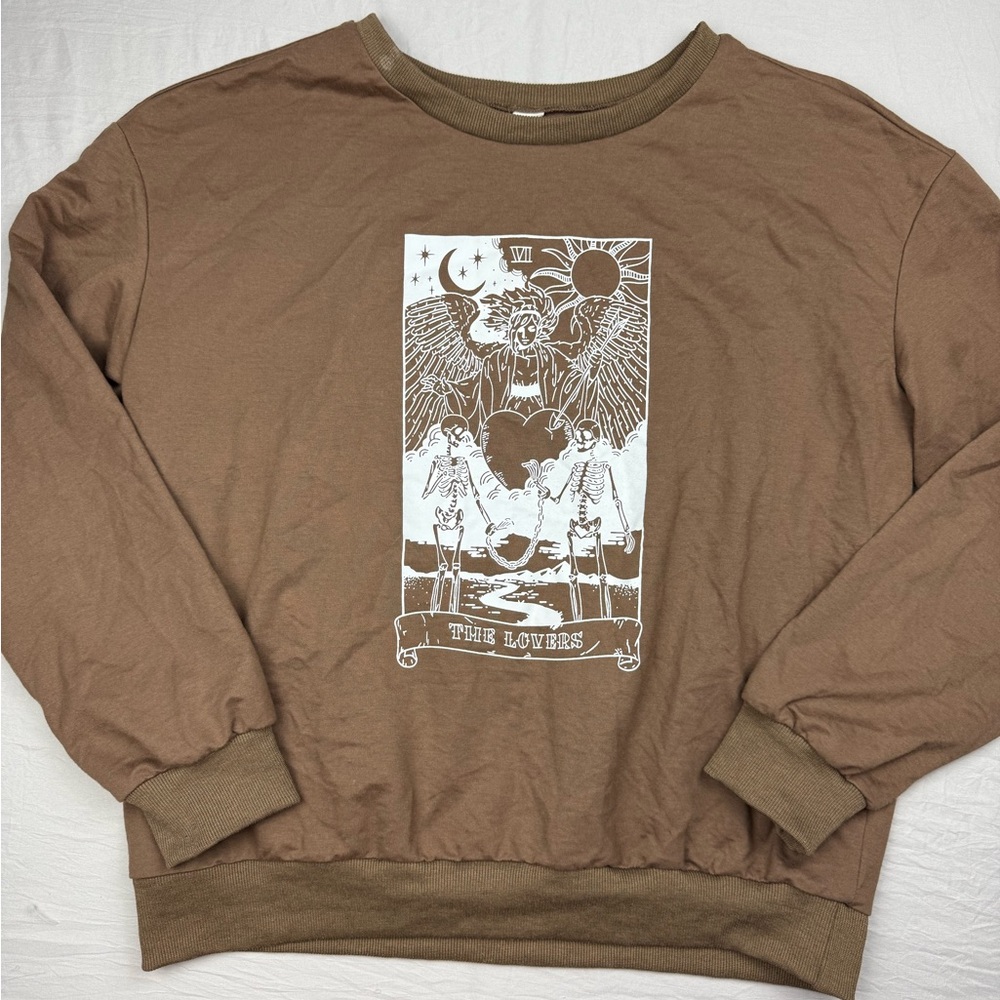 ROMWE Brown‎ Crewneck Sweatshirt with White Tarot Graphic